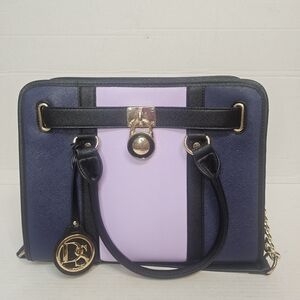 WOMENS DASEIN NAVY & LAVENDER SATCHEL WITH GOLD CHAIN STRAP PURSE PREPPY ELEGANT